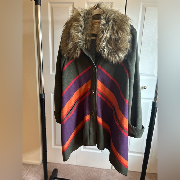 Cartonnier Sweaters - Olive Green Knit Sweater Coat with Faux Fur Collar - Women's